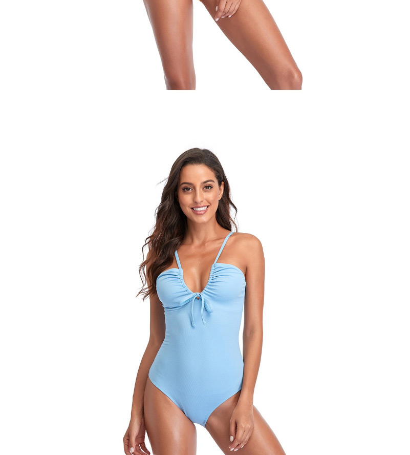 Fashion Sky Blue Solid Color Open Back Lace-up Swimsuit,One Pieces