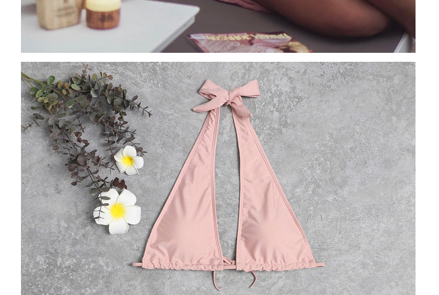 Fashion Pink Solid Color Halterneck V-neck Split Swimsuit,Bikini Sets