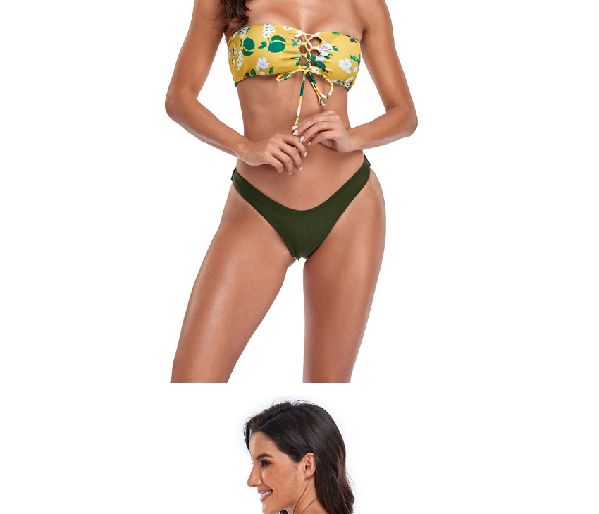 Fashion Armygreen Printed Tube Top And Rope Split Swimsuit,Bikini Sets