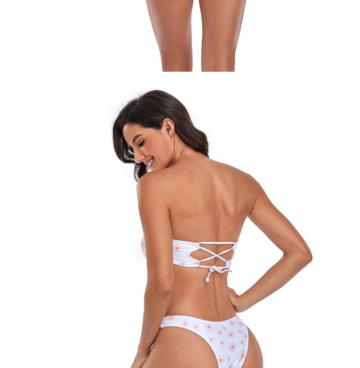 Fashion White Background Bandeau Print Open Back Lace Split Swimsuit,Bikini Sets