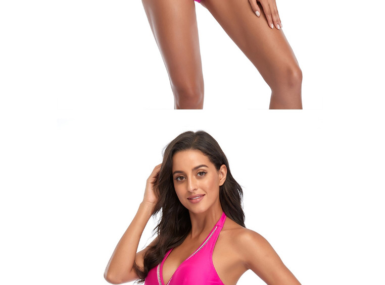 Fashion Rose Red Solid Color Open Back V-neck One-piece Swimsuit,One Pieces