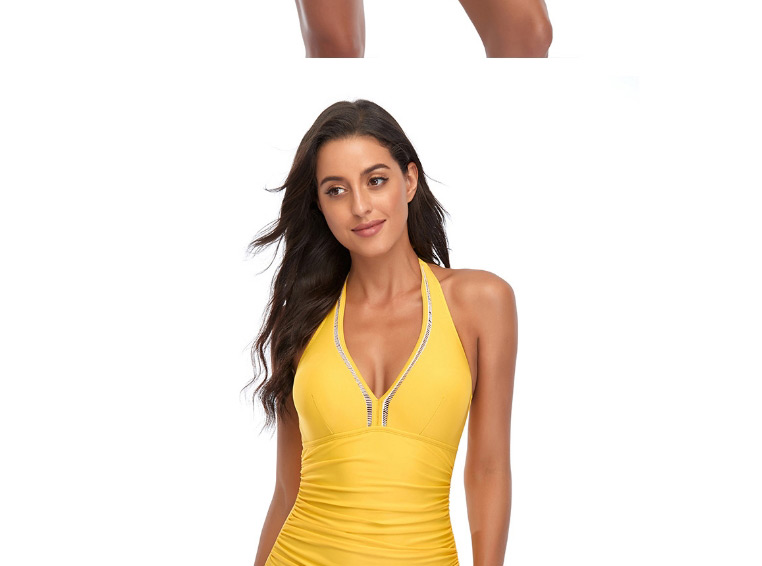 Fashion Yellow Solid Color Open Back V-neck One-piece Swimsuit,One Pieces