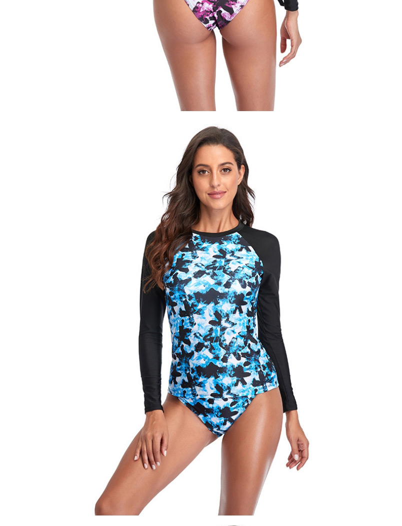 Fashion Sky Blue Printed Long Sleeve Split Swimsuit Wetsuit,Swimwear Sets