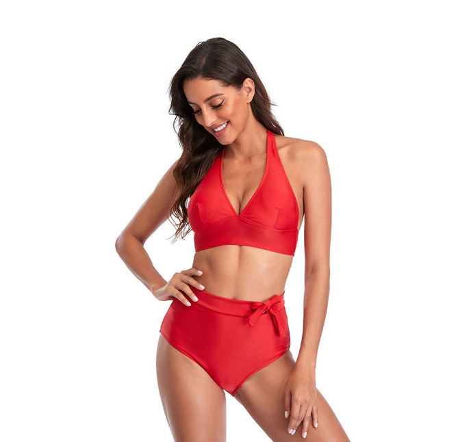 Fashion Red High Waist Solid Color Bow Split Swimsuit,Bikini Sets