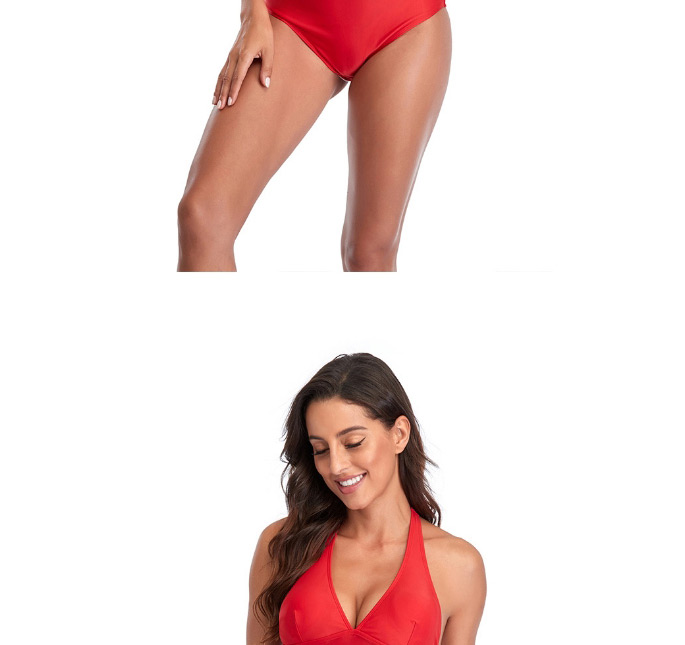 Fashion Red High Waist Solid Color Bow Split Swimsuit,Bikini Sets