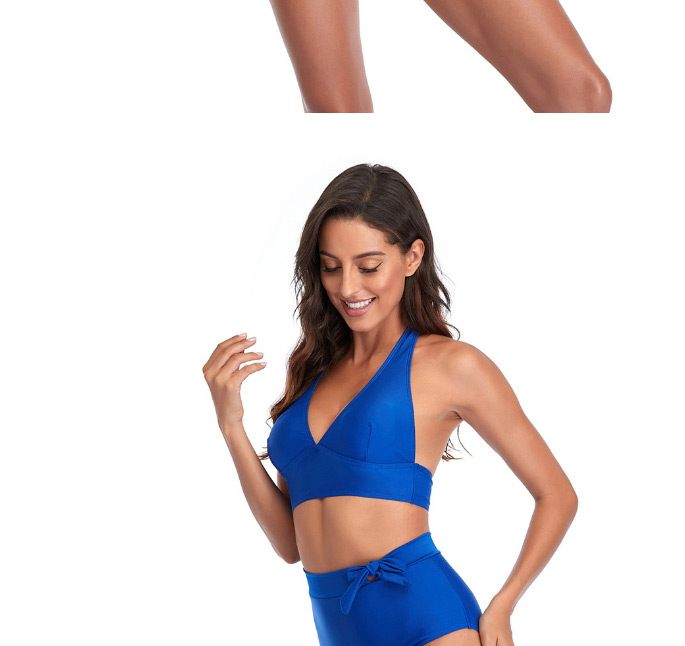 Fashion Blue High Waist Solid Color Bow Split Swimsuit,Bikini Sets