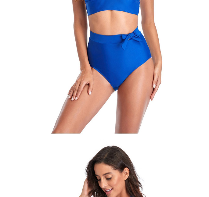 Fashion Blue High Waist Solid Color Bow Split Swimsuit,Bikini Sets