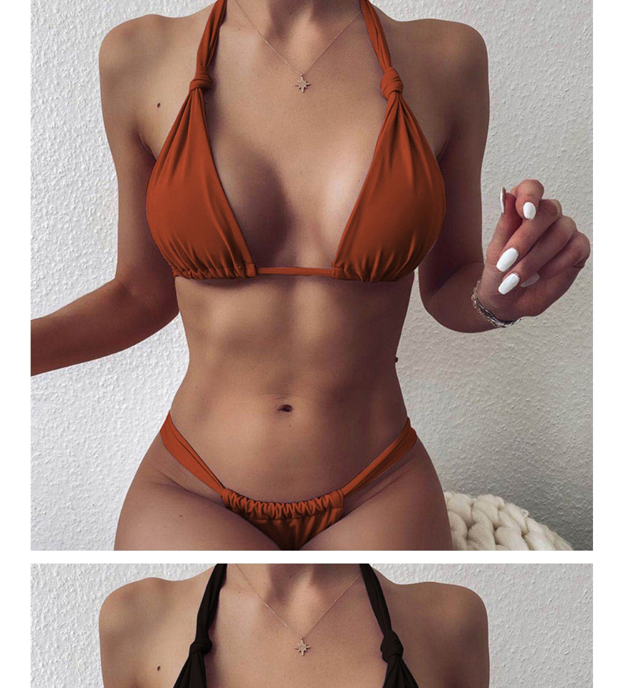 Fashion Dirty Orange Solid Color Open Back Halterneck Split Swimsuit,Bikini Sets