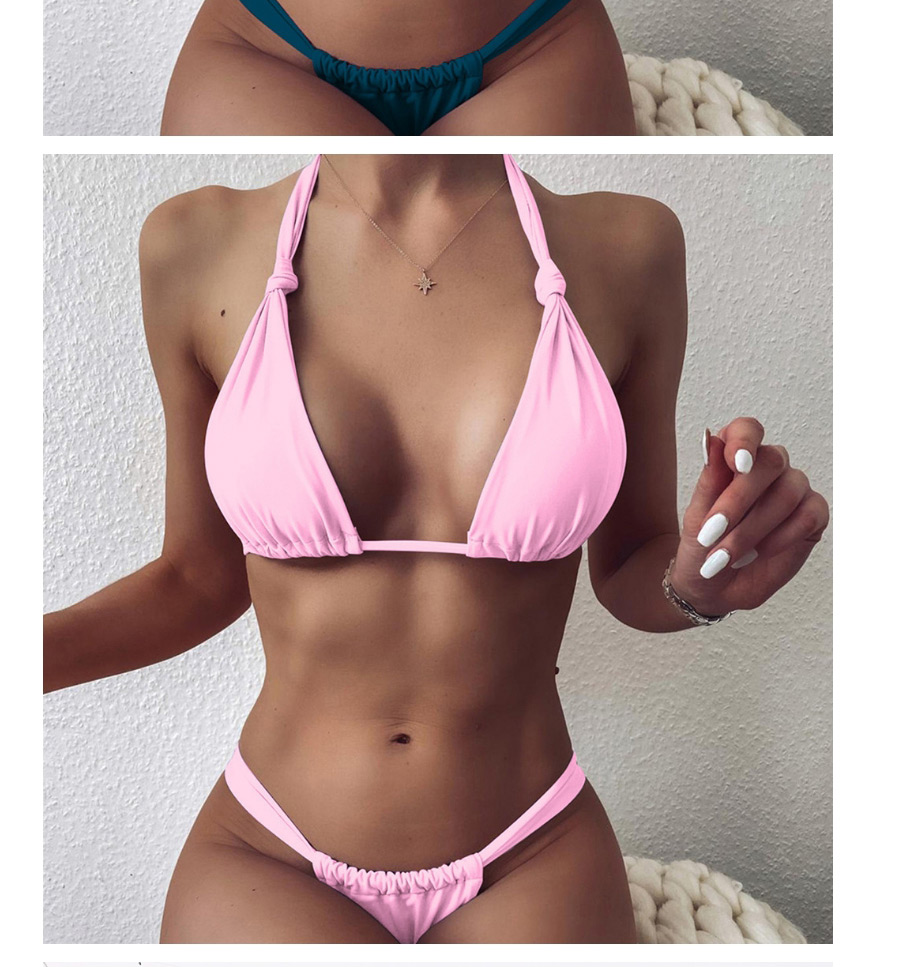 Fashion Pink Solid Color Open Back Halterneck Split Swimsuit,Bikini Sets