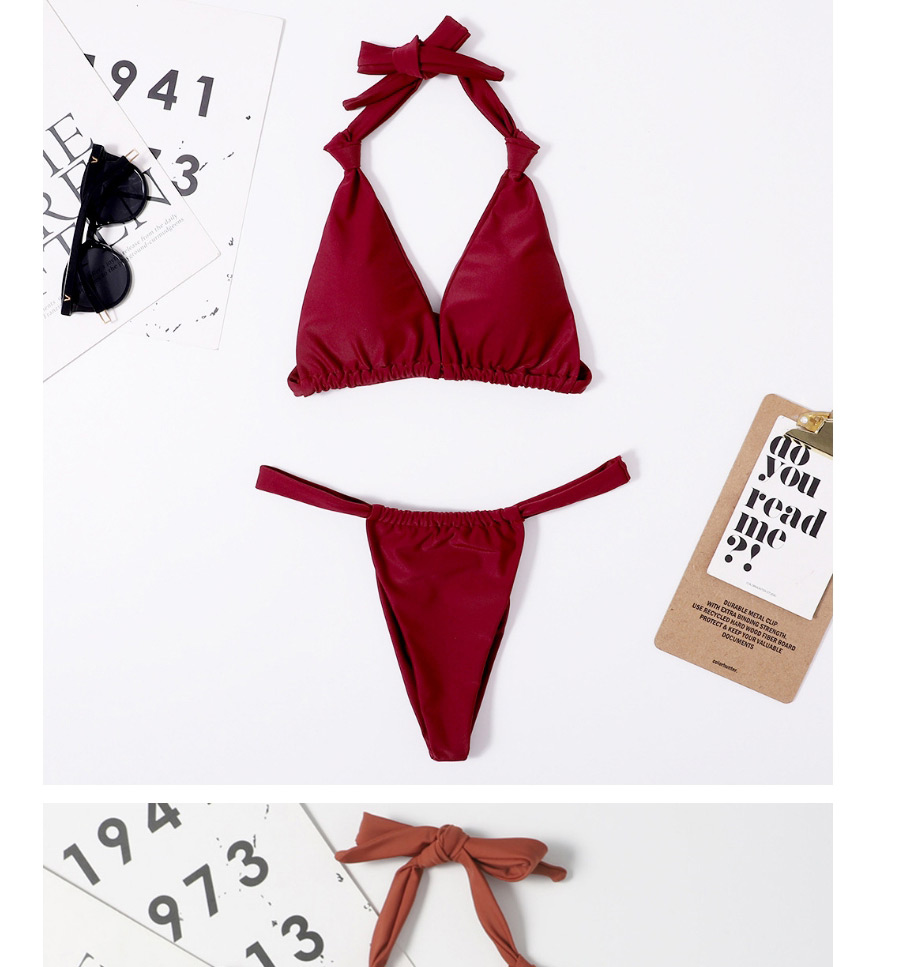 Fashion Red Solid Color Open Back Halterneck Split Swimsuit,Bikini Sets