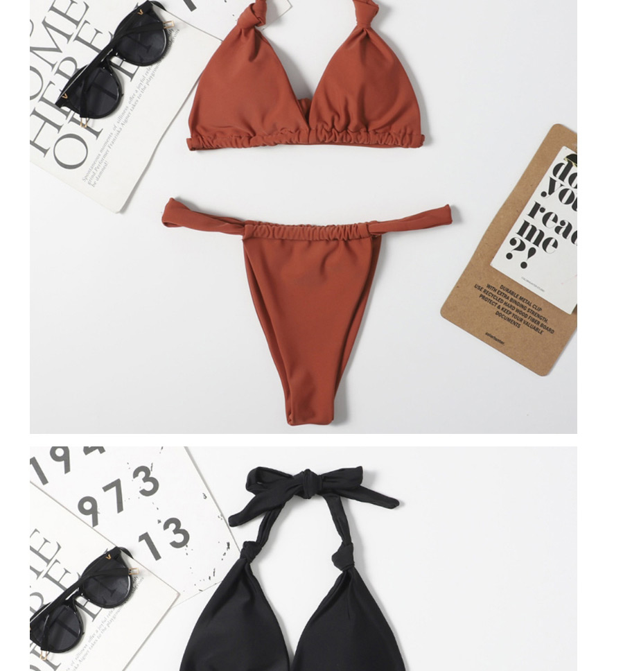 Fashion Dirty Orange Solid Color Open Back Halterneck Split Swimsuit,Bikini Sets