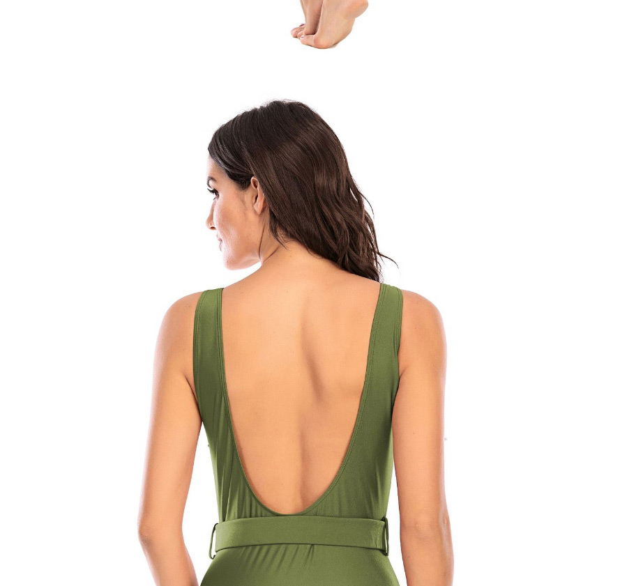 Fashion Dark Green Buckle Belt Halter One-piece Swimsuit,One Pieces