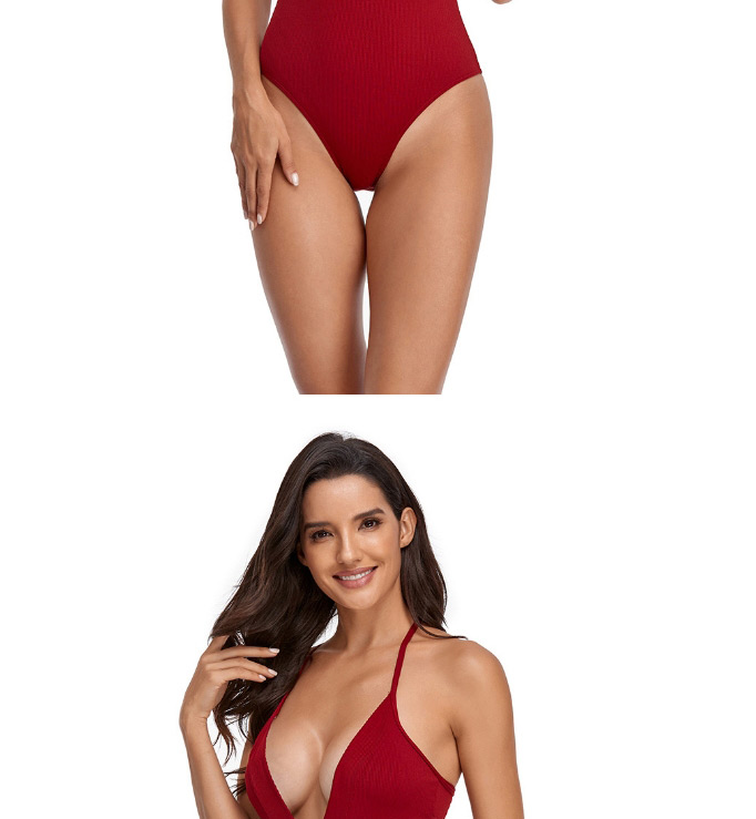 Fashion Red Wine Solid Color Open Back Lace-up Swimsuit,One Pieces