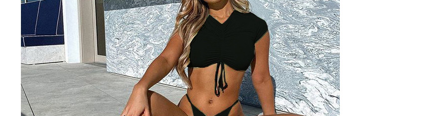 Fashion Black Solid Color Triangle Split Swimsuit With Pleated Chest,Bikini Sets