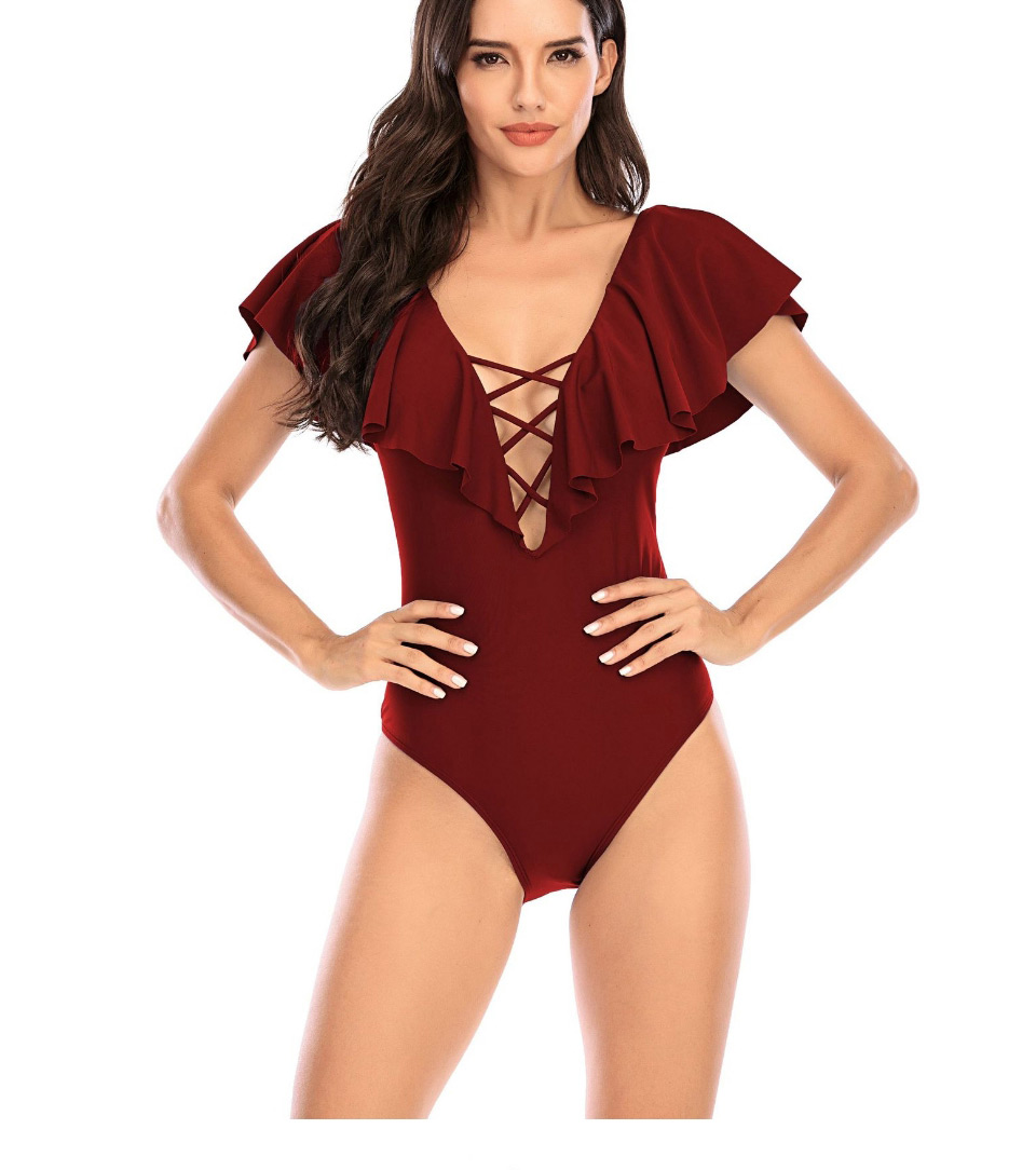 Fashion Red Wine Solid Color Flashing Cutout Swimsuit,One Pieces