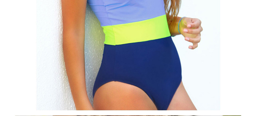 Fashion Blue Solid Color One-shoulder Stitching Contrast Color One-piece Swimsuit,One Pieces