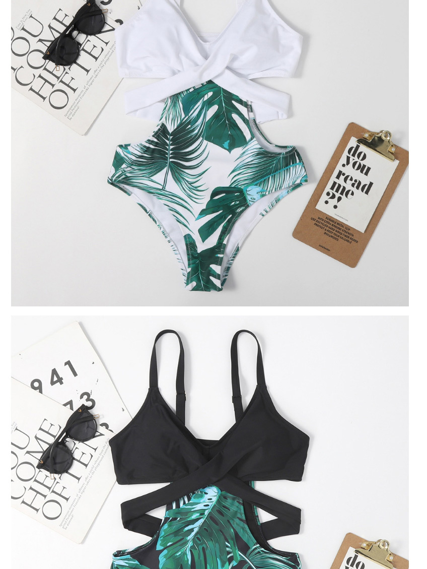 Fashion White Leaf Print Cross Cutout One-piece Swimsuit,One Pieces