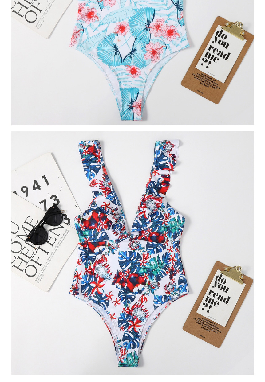 Fashion Blue Flowers One-piece Swimsuit With Printed Fungus,One Pieces