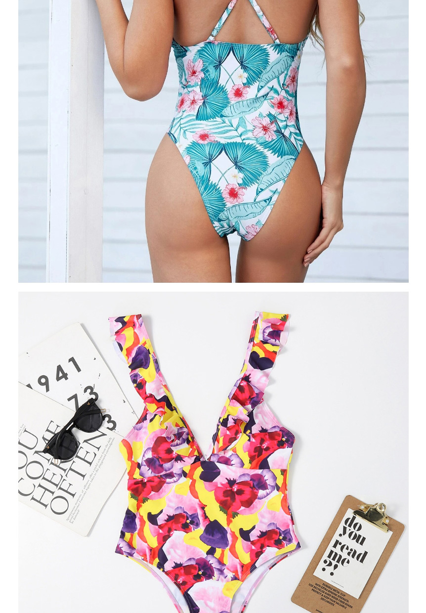 Fashion Blue Flowers One-piece Swimsuit With Printed Fungus,One Pieces