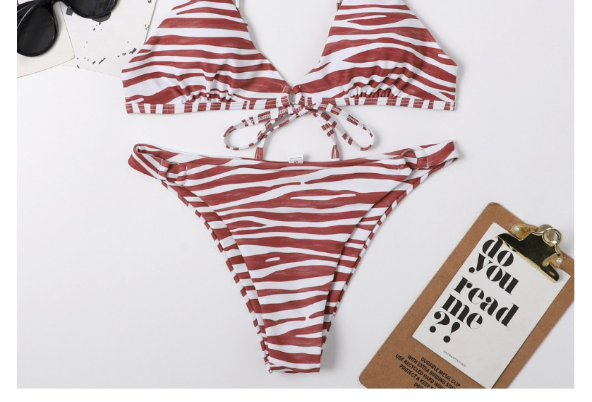 Fashion Red Wine Striped Open Back Tether Split Swimsuit,Bikini Sets