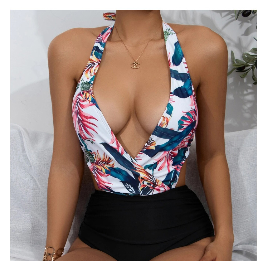 Fashion Navy Blue Printed Halter Neck Strap Open Back High Waist One-piece Swimsuit,One Pieces