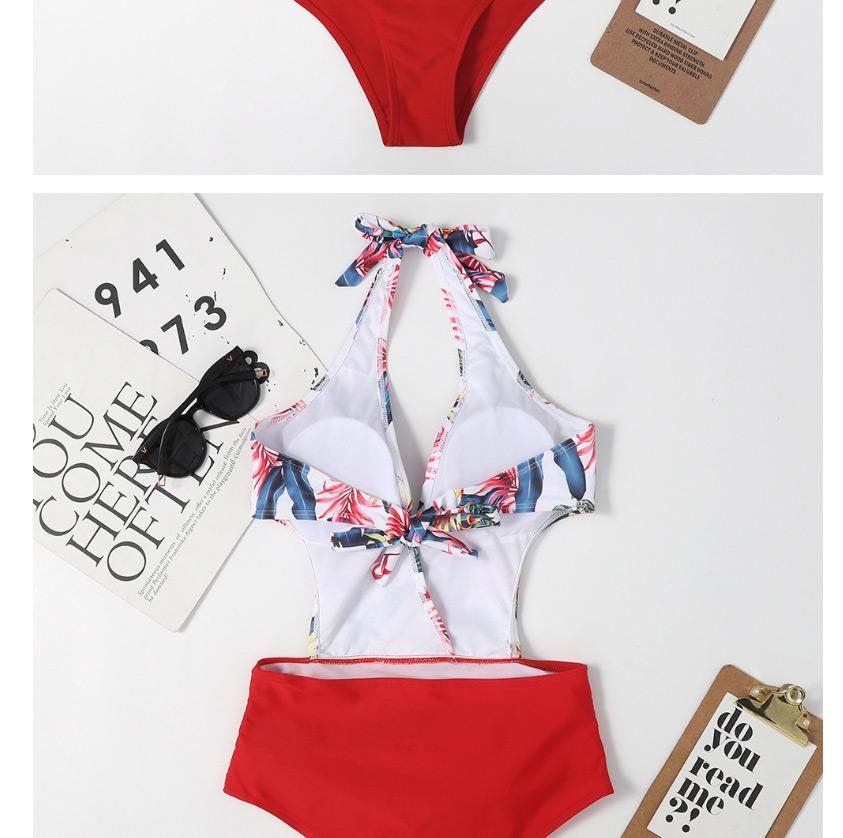 Fashion Red Printed Halter Neck Strap Open Back High Waist One-piece Swimsuit,One Pieces