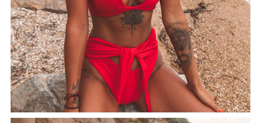 Fashion Red Solid Color Halterneck Lace Hollow Split Swimsuit,Bikini Sets