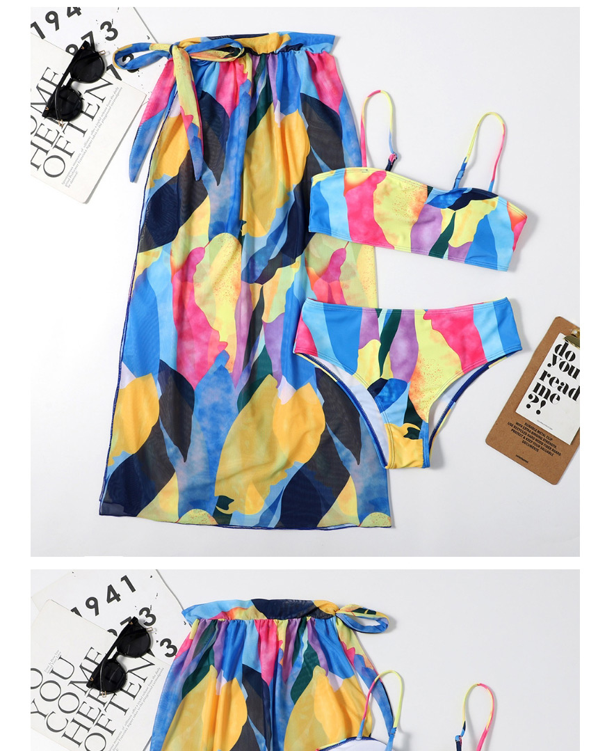 Fashion Yellow Printed Knotted Split Swimsuit Three-piece Veil,Bikini Sets