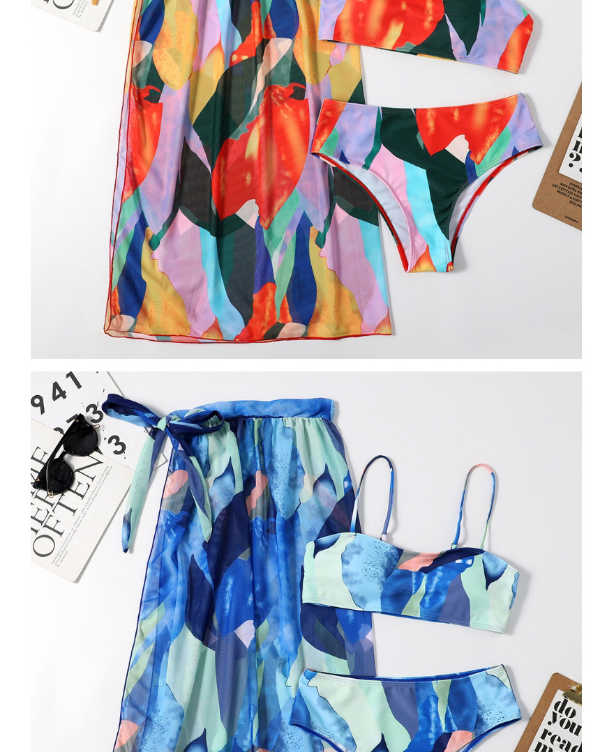 Fashion Lake Green Printed Knotted Split Swimsuit Three-piece Veil,Bikini Sets
