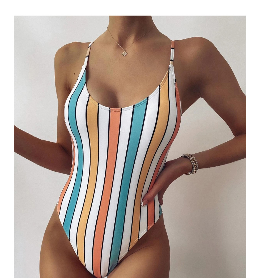Fashion Khaki Striped Open Back One-piece Swimsuit,One Pieces