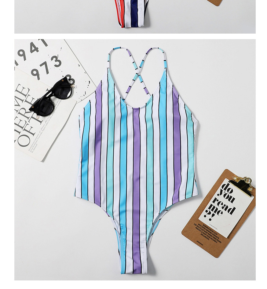 Fashion Blue Striped Open Back One-piece Swimsuit,One Pieces