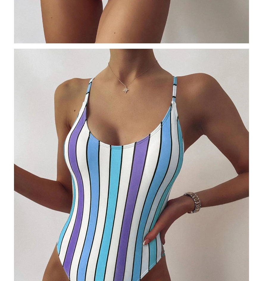Fashion Khaki Striped Open Back One-piece Swimsuit,One Pieces
