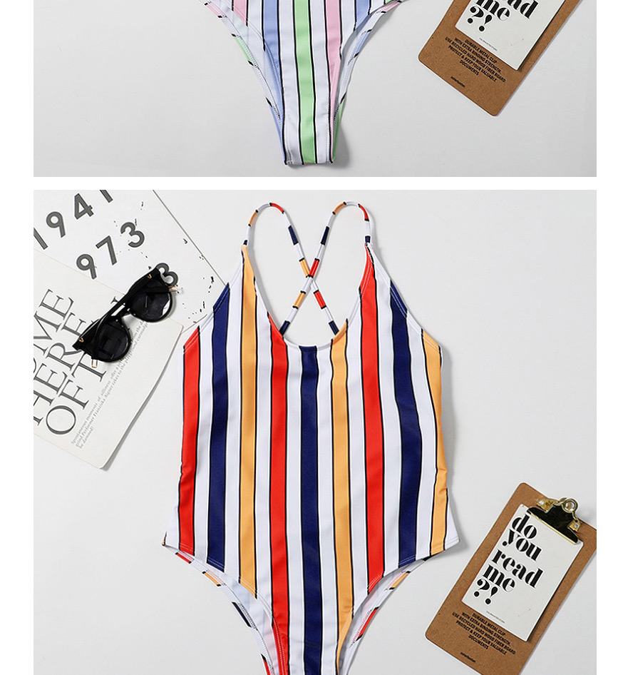 Fashion Blue Striped Open Back One-piece Swimsuit,One Pieces