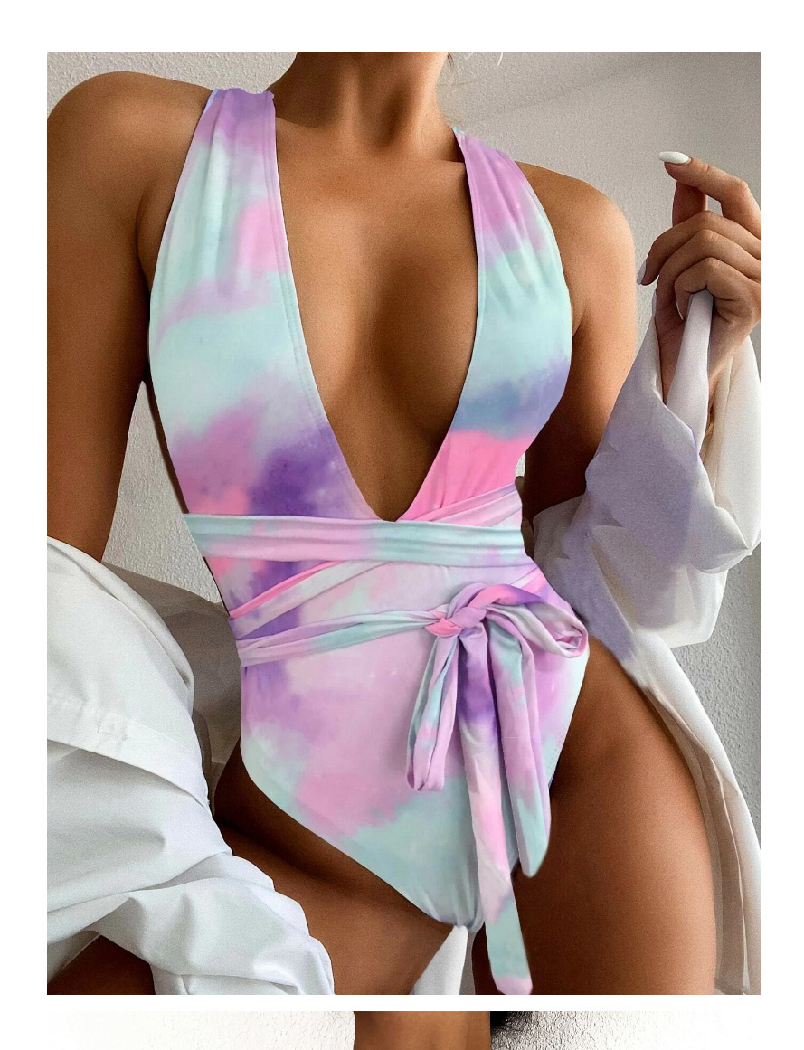 Fashion Tie-dye Pink Gradient Print Halterneck Lace One-piece Swimsuit,One Pieces