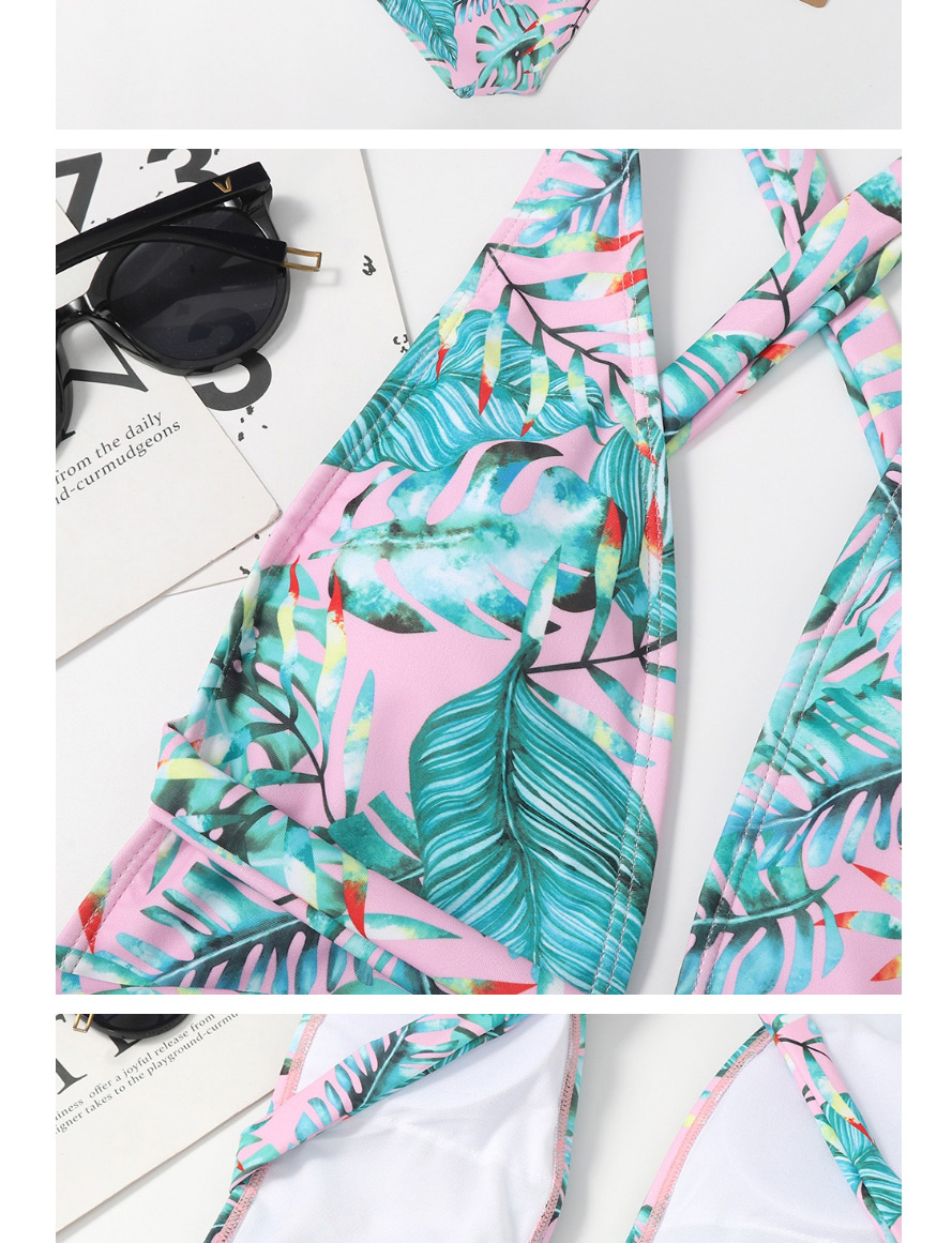 Fashion Leaves Pink Gradient Print Halterneck Lace One-piece Swimsuit,One Pieces