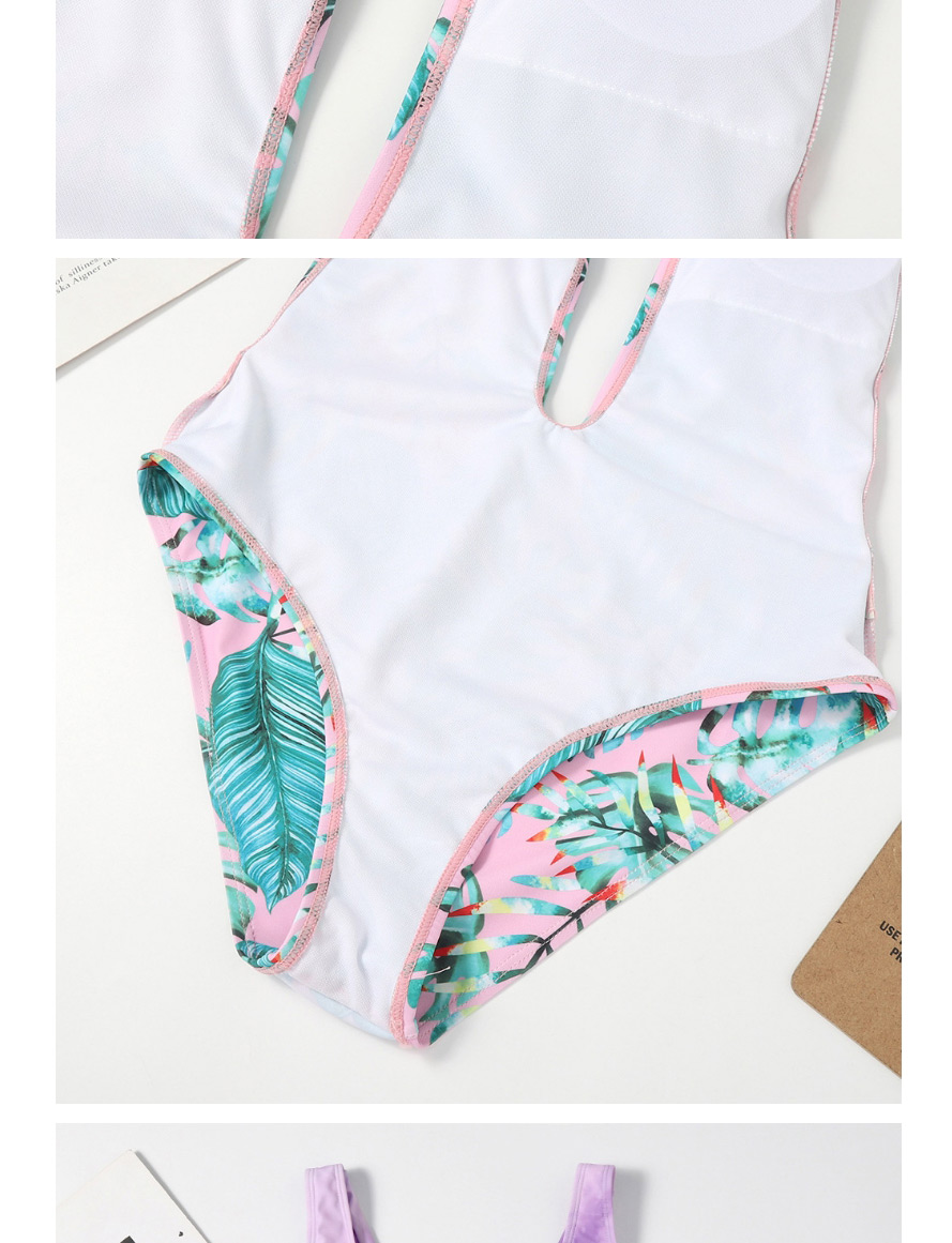 Fashion Leaves Pink Gradient Print Halterneck Lace One-piece Swimsuit,One Pieces