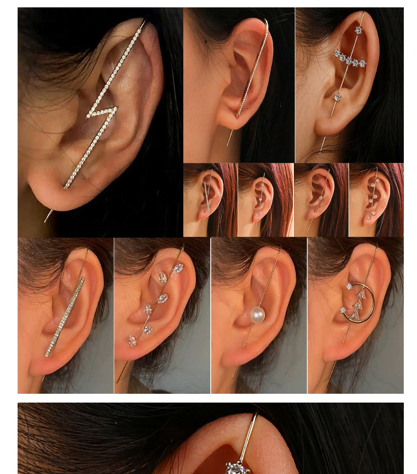 Fashion Pearl Models Diamond-studded Lightning Leaf Geometric Piercing Ear Slash Earrings,Stud Earrings