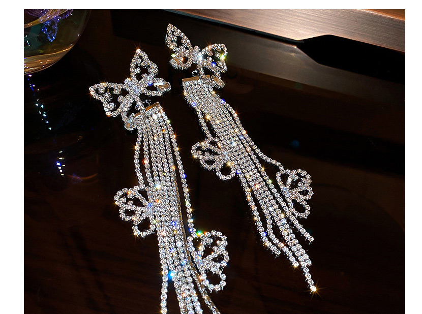 Fashion Long Diamond Diamond Butterfly Tassel Alloy Earrings,Drop Earrings