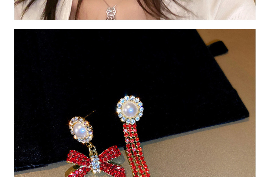 Fashion Red Diamond Asymmetrical Diamond Bow Pearl Alloy Earrings,Drop Earrings