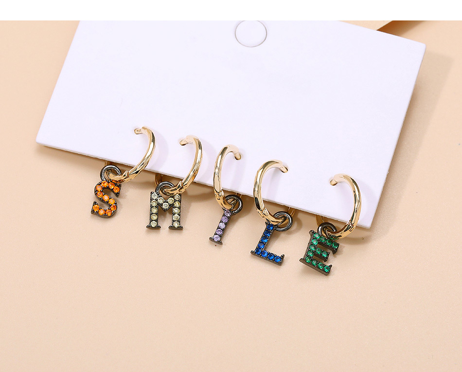 Fashion Color Set Of 5 Copper Inlaid Zircon Letter Earrings,Earrings