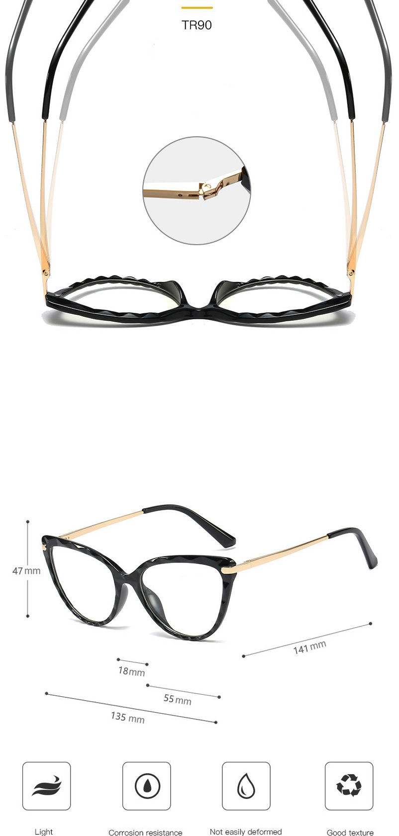 Fashion C3 Transparent/anti-blue Light Tr90 Spring Cut Edge Anti-blue Light Can Be Equipped With Myopia Flat Lens,Fashion Glasses
