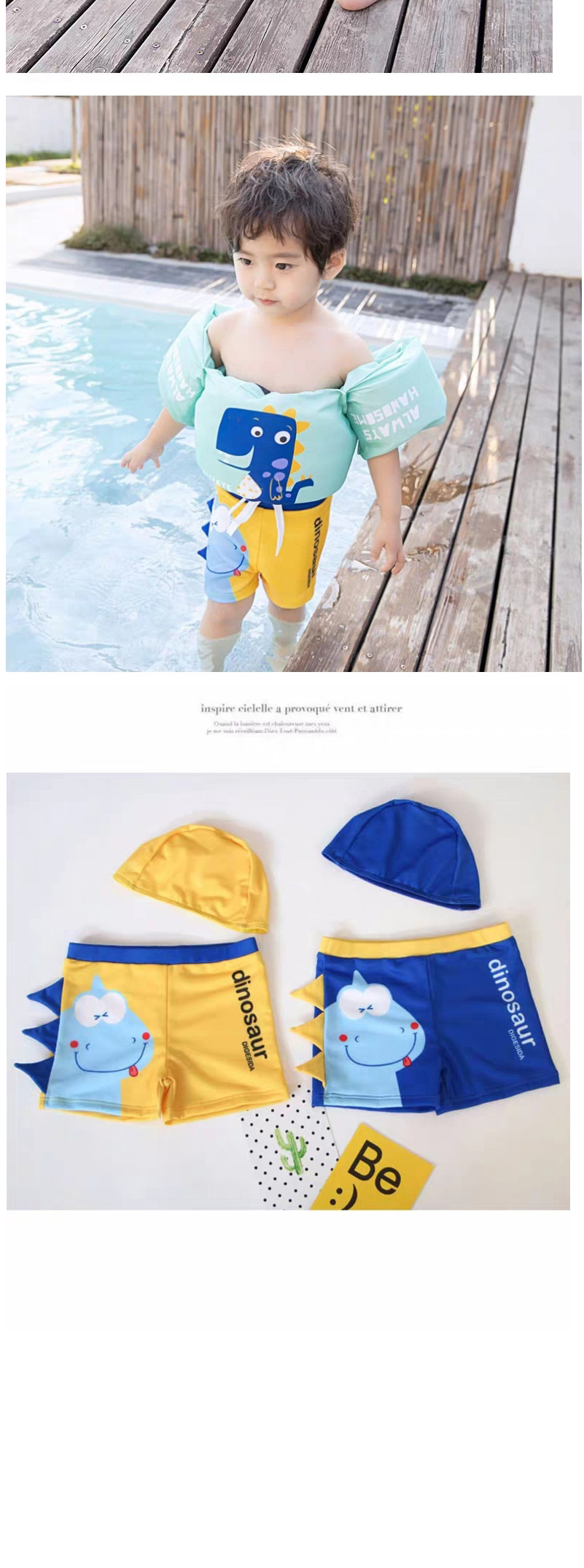 Fashion Digusda Yellow Dinosaur + Hat Childrens Cartoon Pattern Swimming Trunks Boxer Swimming Trunks + Swimming Cap Swimming Suit,Kids Swimwear
