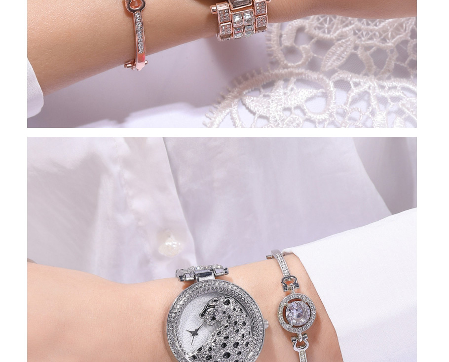 Fashion Silver Color Leopard Full Diamond British Steel Band Watch,Ladies Watches