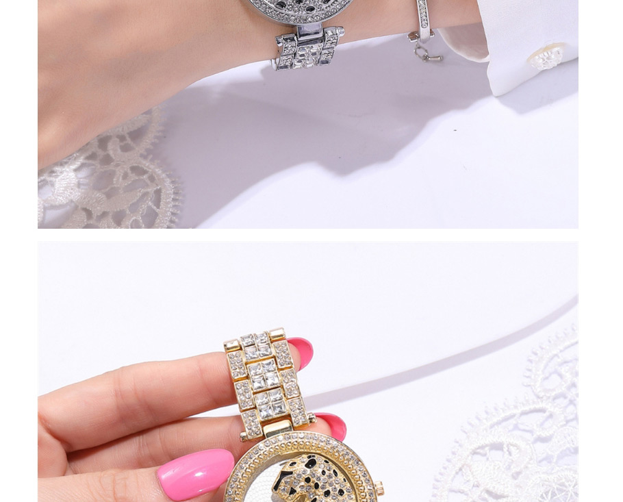 Fashion Between Gold Color Leopard Full Diamond British Steel Band Watch,Ladies Watches