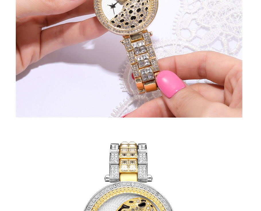 Fashion Gold Color Leopard Full Diamond British Steel Band Watch,Ladies Watches