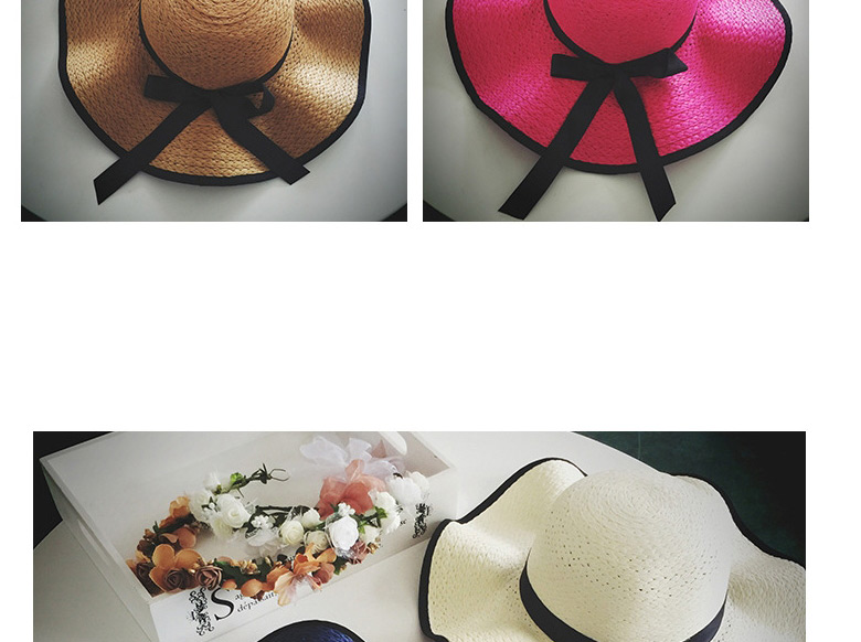 Fashion Khaki Bowknot Wavy Side Sunscreen Sunshade Large-edge Sun Hat,Sun Hats