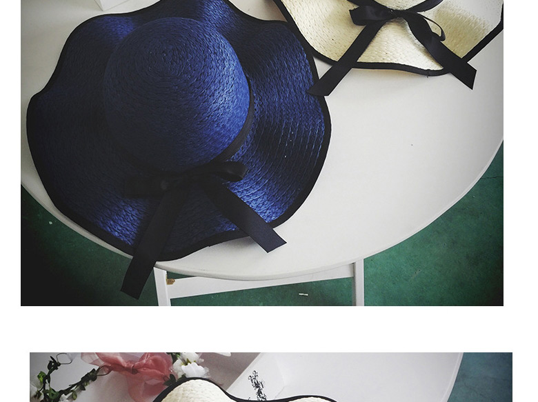 Fashion Beige Bowknot Wavy Side Sunscreen Sunshade Large-edge Sun Hat,Sun Hats