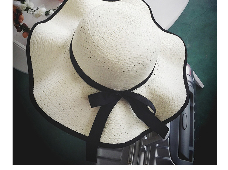Fashion Milky White Bowknot Wavy Side Sunscreen Sunshade Large-edge Sun Hat,Sun Hats