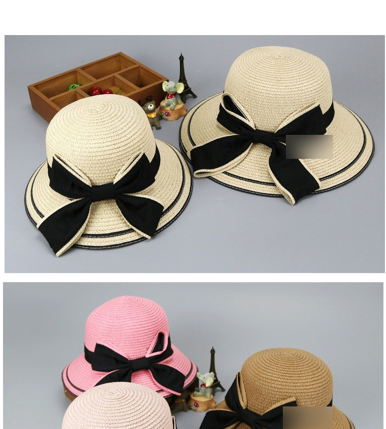 Fashion Beige Sunscreen Woven Straw Hat With Big Bow And Big Edge Parent-child Model (childrens Model),Sun Hats