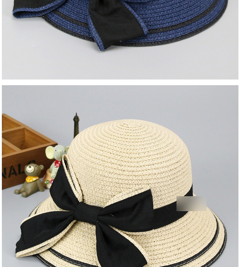Fashion Navy Sunscreen Woven Straw Hat With Big Bow And Big Rim Parent-child Model (adult Model),Sun Hats